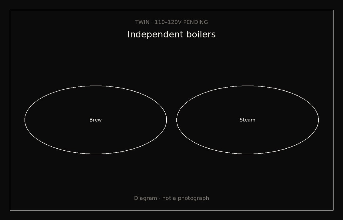 Twin diagram — not a photograph. Independent boilers, US voltage pending.
