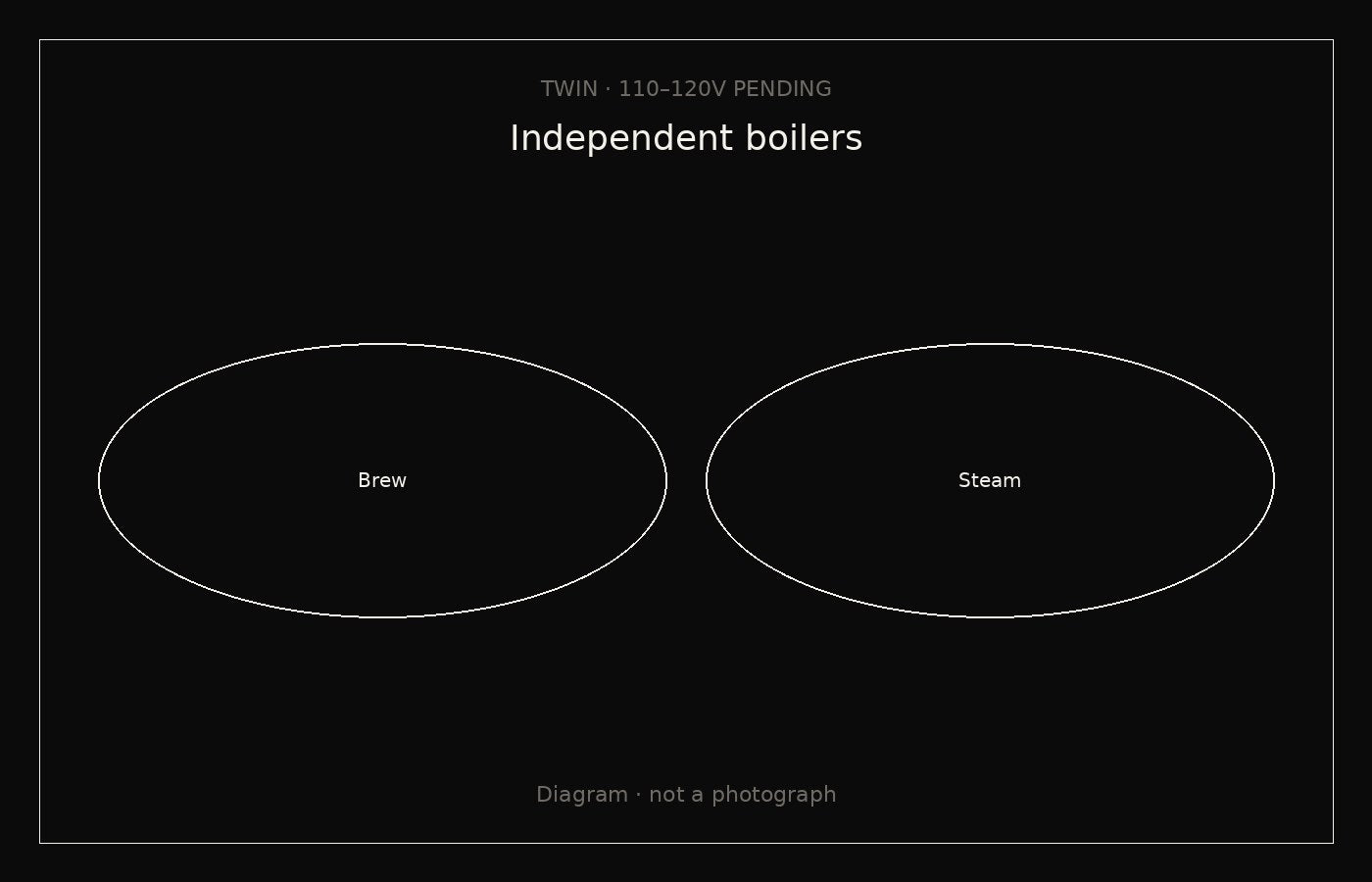 Twin diagram — not a photograph. Independent boilers, US voltage pending.
